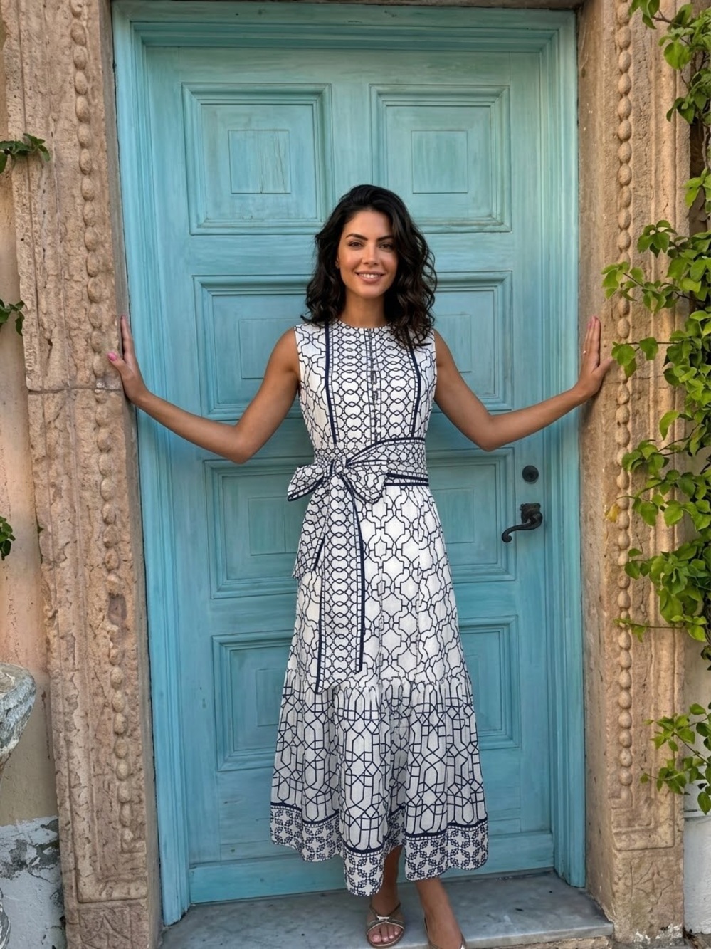 Sue Sartor /Sleeveless Embroidered Navy Geometric Print Midi Dress -Sz L - NWT